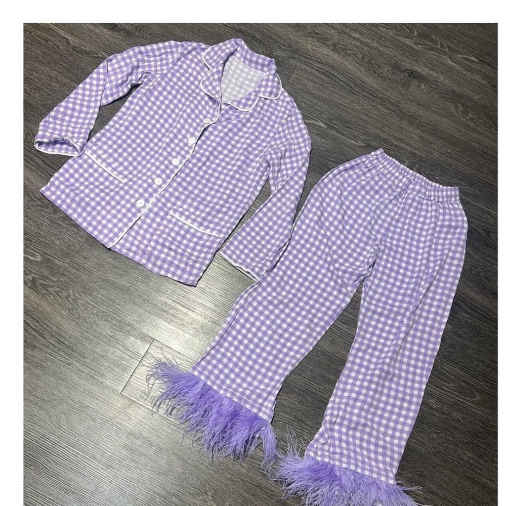 Sleeper Feather Gingham Purple Pajamas Size SM  Picniccore Elevated Cottagecore